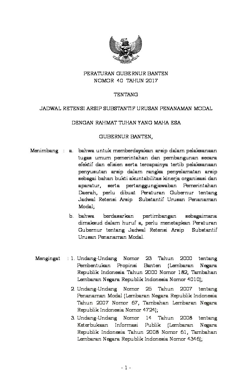 Peraturan Gubernur Banten No 40 tahun 2017 tentang Jadwal Retensi Arsip Substantif Urusan Penanaman Modal