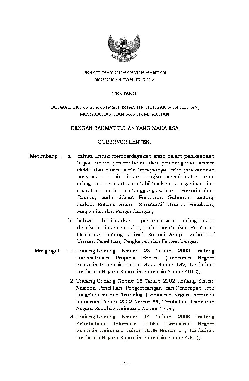 Peraturan Gubernur Banten No 44 tahun 2017 tentang Jadwal Retensi Arsip Substantif Urusan Penelitian, Pengkajian Dan Pengembangan