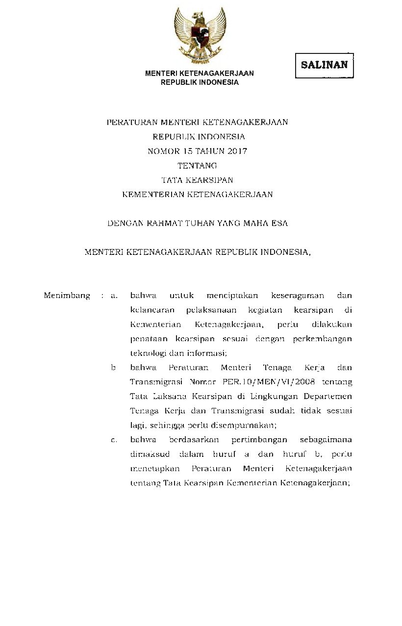 Peraturan Menteri Ketenagakerjaan No 15 Tahun 2017 Tentang Tata ...