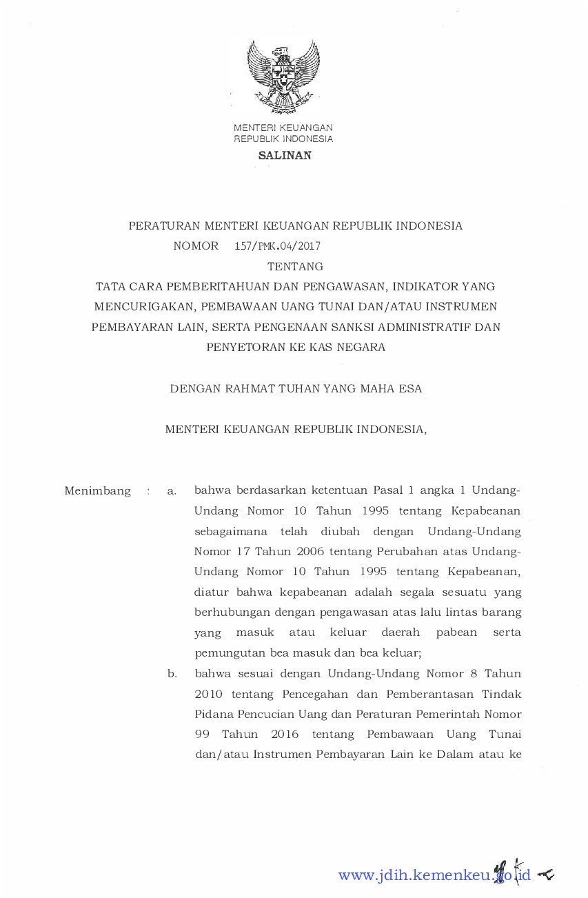 Peraturan Menteri Keuangan No 157/PMK.04/2017 Tahun 2017 Tentang Tata ...