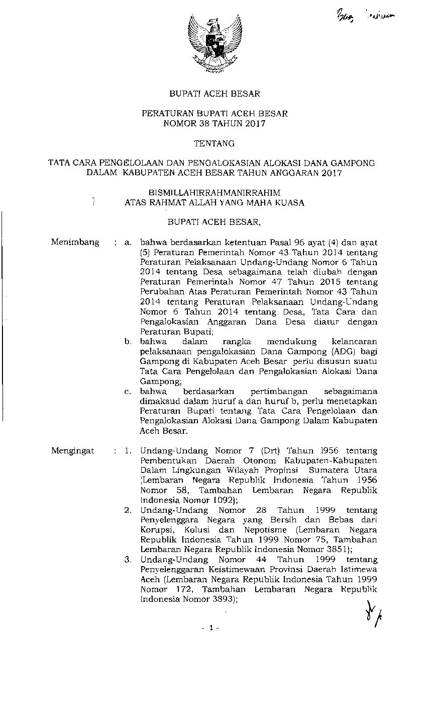 Peraturan Bupati Aceh Besar No 38 tahun 2017 tentang Tata Cara Pengelolaan Dan Pengalokasian Alokasi Dana Gampong Dalam Kabupaten Aceh Besar Tahun Anggaran 2017