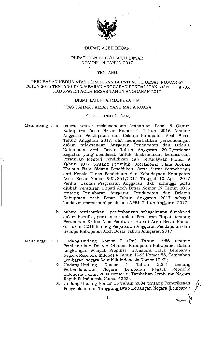 Peraturan Bupati Aceh Besar No 44 tahun 2017 tentang Perubahan Kedua Atas Peraturan Bupati Aceh Besar Nomor 67 Tahun 2016 Tentang Penjabaran Anggaran Pendapatan Dan Belanja Kabupaten Aceh Besar Tahun Anggaran 2017