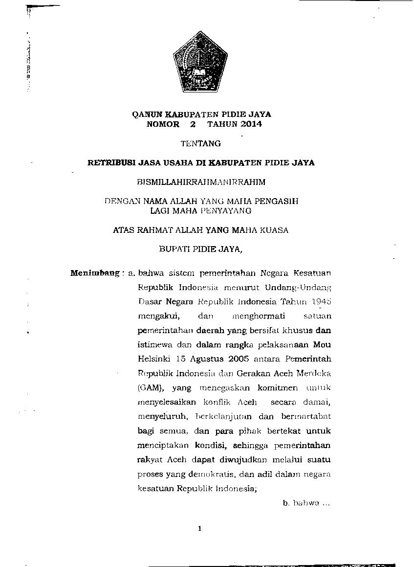 Peraturan Daerah Kab. Pidie Jaya No 2 tahun 2014 tentang Retribusi Jasa Usaha Di Kabupaten Pidie Jaya