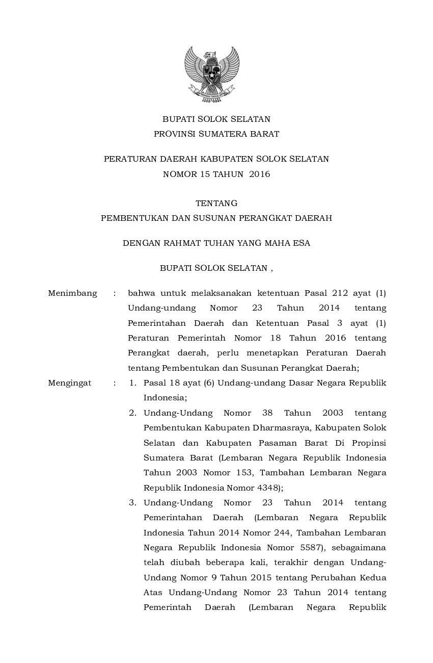 Peraturan Daerah Kab. Solok Selatan No 15 tahun 2016 tentang Pembentukan Dan Susunan Perangkat Daerah