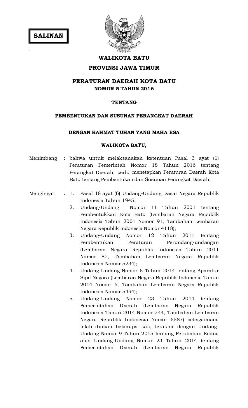 Peraturan Daerah Kota Batu No 5 tahun 2016 tentang Pembentukan dan Susunan Perangkat Daerah