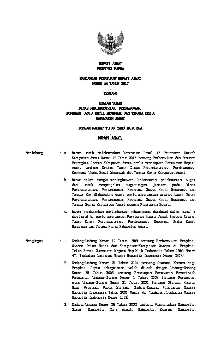 Peraturan Bupati Asmat No 54 tahun 2017 tentang Uraian Tugas Dinas Perindustrian, Perdagangan, Koperasi Usaha Kecil Menengah dan Tenaga Kerja Kabupaten Asmat