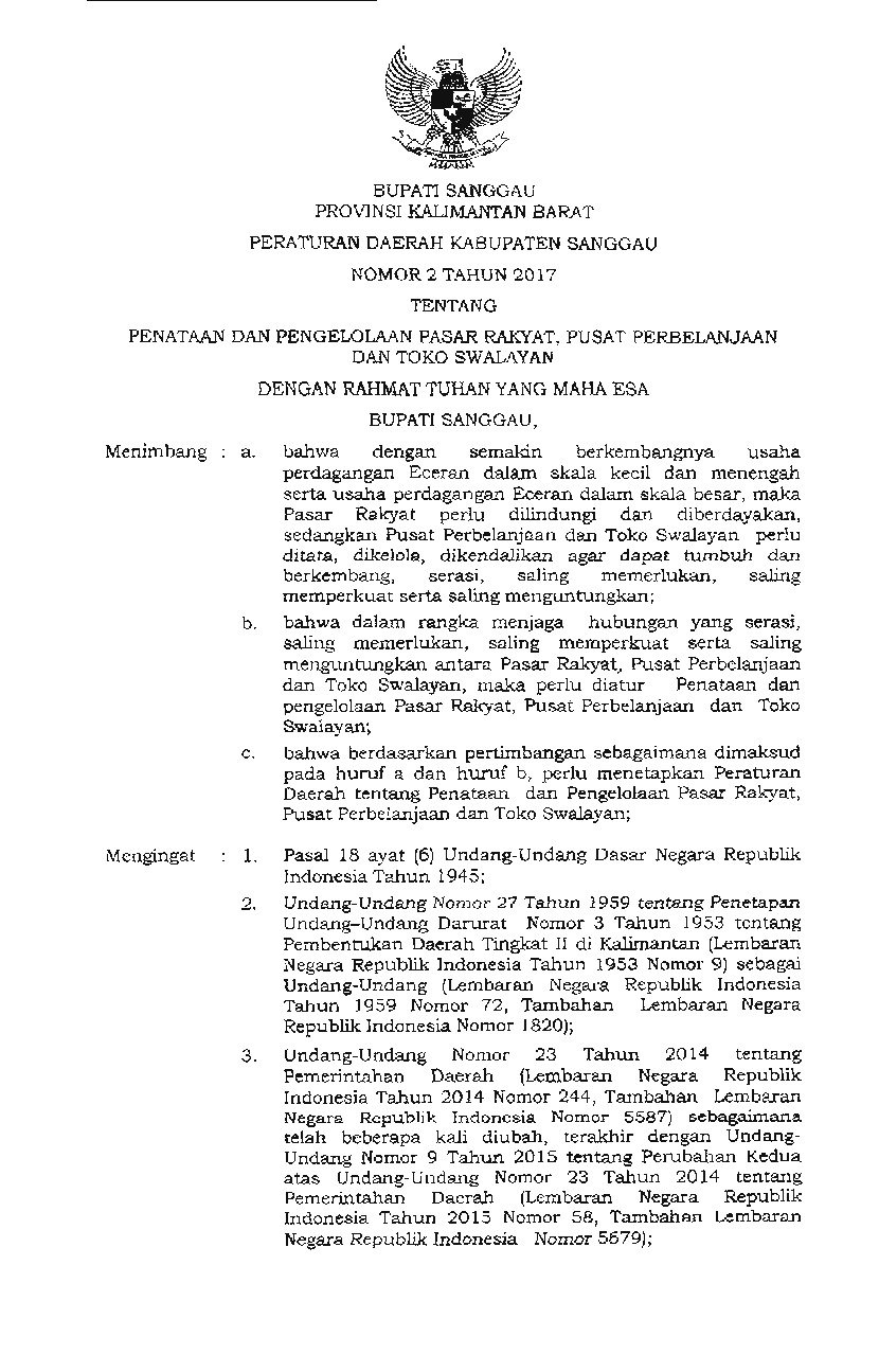 Peraturan Daerah Kab. Sanggau No 2 tahun 2017 tentang Penataan dan Pengelolaan Pasar Rakyat, Pusat Perbelanjaan dan Toko Swalayan