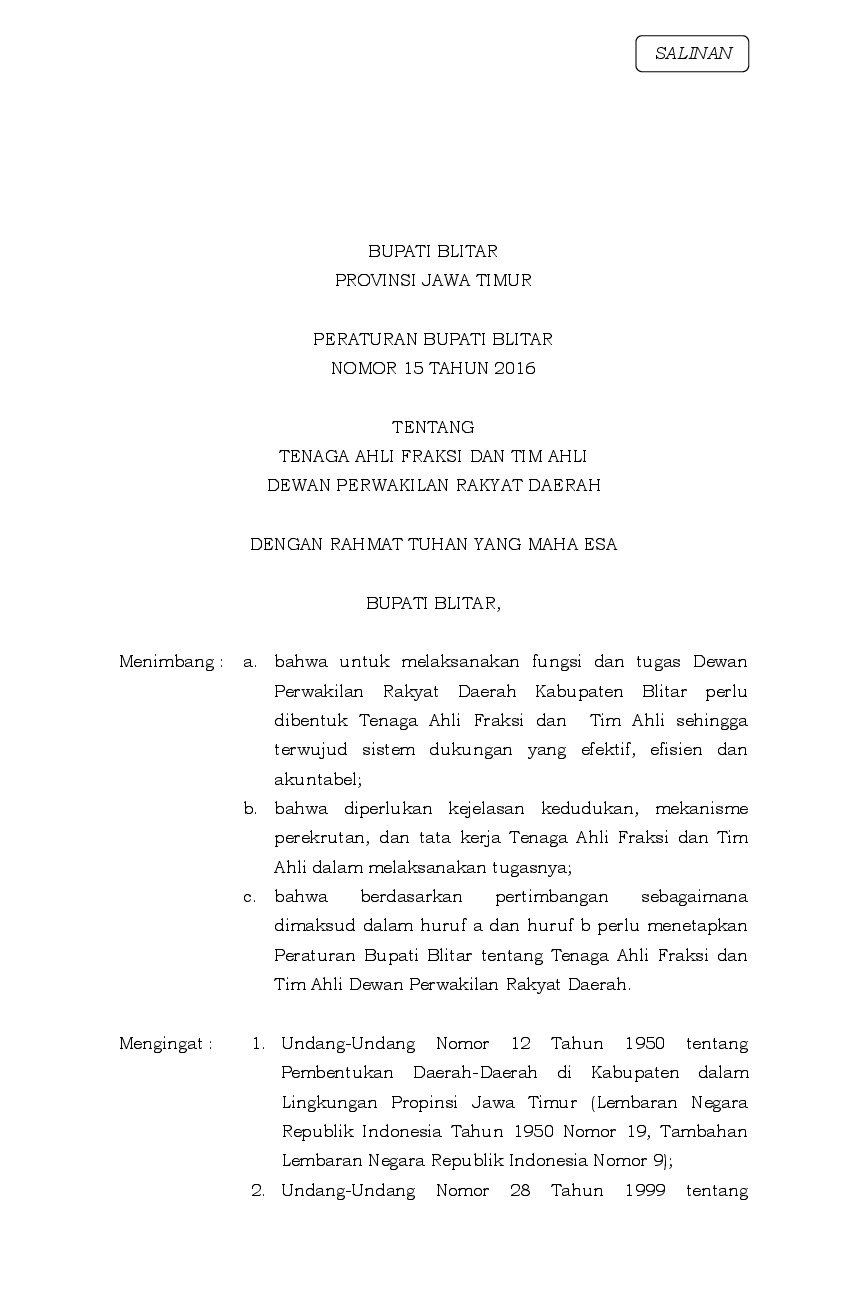 Peraturan Bupati Blitar No 15 Tahun 2016 Tentang Tenaga Ahli Fraksi Dan Tim Ahli Dewan Perwakilan Rakyat Daerah