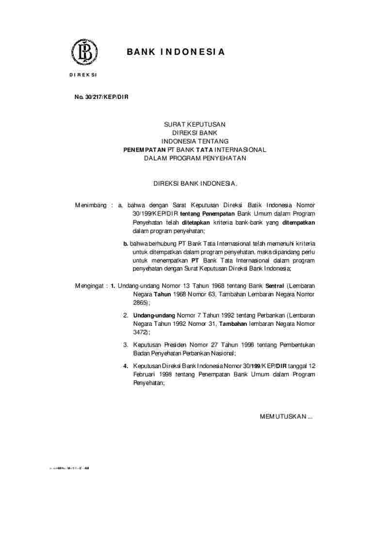 Surat Keputusan Direksi Bank Indonesia (BI) No 30/217/KEP/DIR tahun 1998 tentang Penempatan PT Bank Tata Internasional Dalam Program Penyehatan