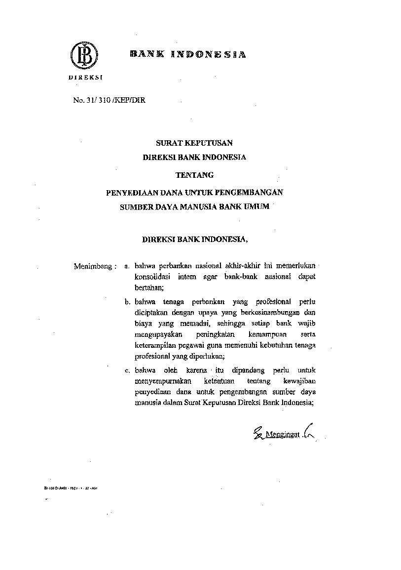 Surat Keputusan Direksi Bank Indonesia No 31/310/KEP/DIR tahun 1999 tentang Penyediaan Dana Untuk Pengembangan Sumber Daya Manusia Bank Umum