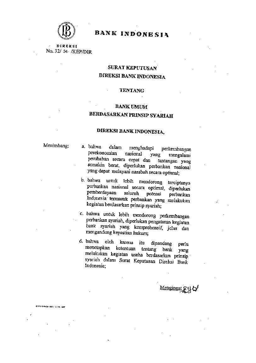 Surat Keputusan Direksi Bank Indonesia No 32/34/KEP/DIR tahun 1999 tentang Bank Umum Berdasarkan Prinsip Syariah
