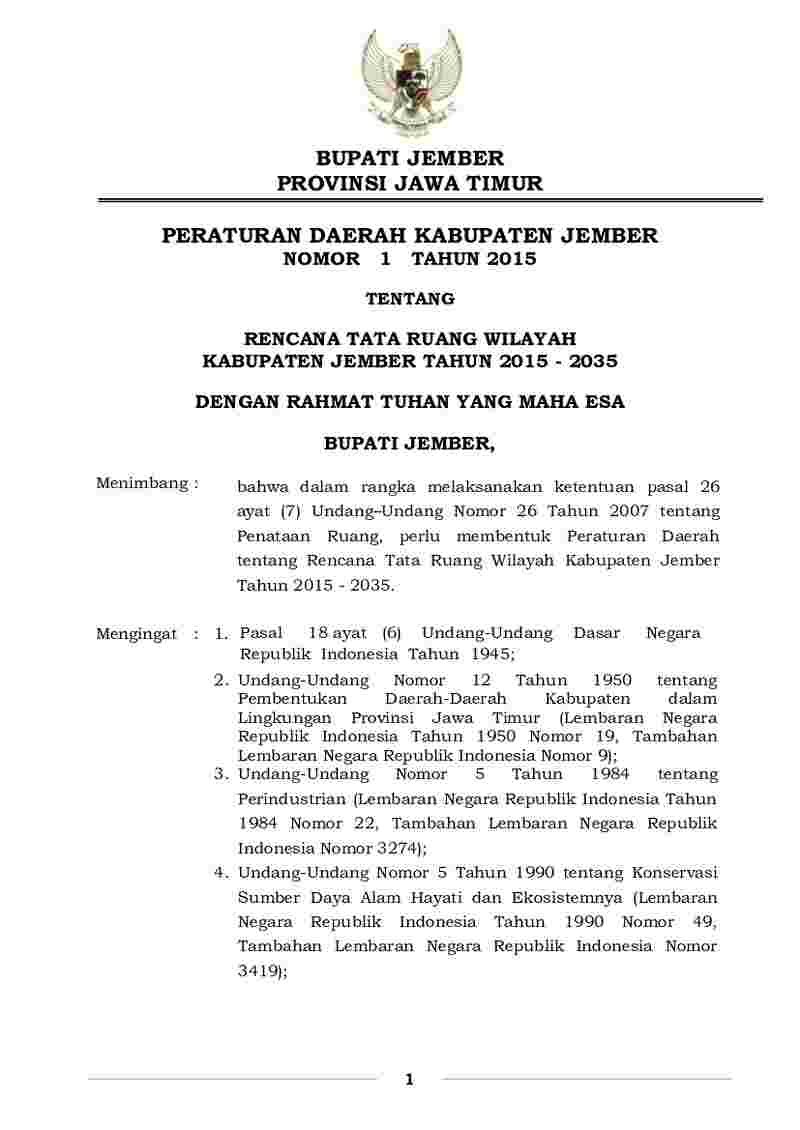 Peraturan Daerah Kabupaten Jember No 1 tahun 2015 tentang Rencana Tata Ruang Wilayah Kabupaten Jember Tahun 2015 - 2035