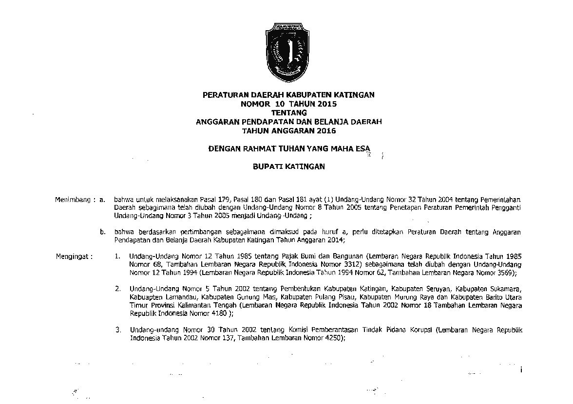 Peraturan Daerah Kabupaten Katingan No 10 tahun 2015 tentang Anggaran Pendapatan dan Belanja Daerah Tahun Anggaran 2016