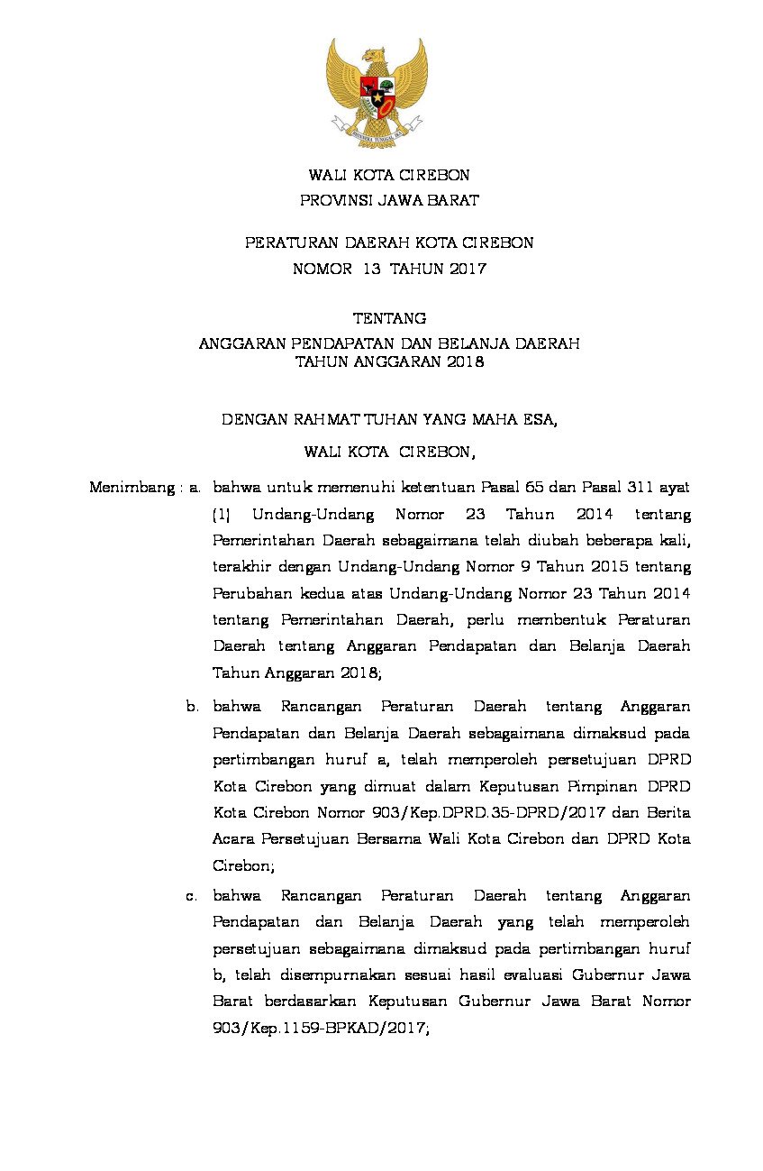 Peraturan Daerah Kota Cirebon No 13 tahun 2017 tentang Anggaran Pendapatan dan Belanja Daerah Tahun Anggaran 2018