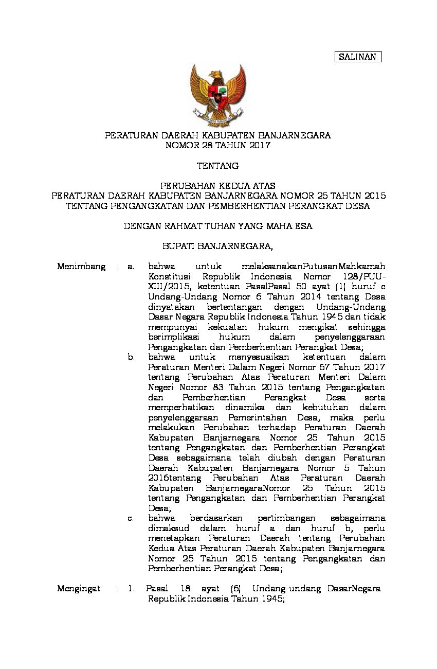 Peraturan Daerah Kab. Banjarnegara No 28 tahun 2017 tentang Perubahan Kedua Atas Peraturan Daerah Kabupaten Banjarnegara Nomor 25 Tahun 2015 tentang Pengangkatan dan Pemberhentian Perangkat Desa