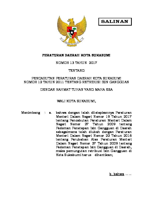 Peraturan Daerah Kota Sukabumi No 13 tahun 2017 tentang Pencabutan Peraturan Daerah Kota Sukabumi Nomor 12 Tahun 2011 tentang Retribusi Izin Gangguan