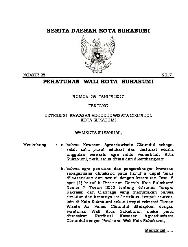 Peraturan Walikota Sukabumi No 28 tahun 2017 tentang Retribusi Kawasan Agroeduwisata Cikundul Kota Sukabumi