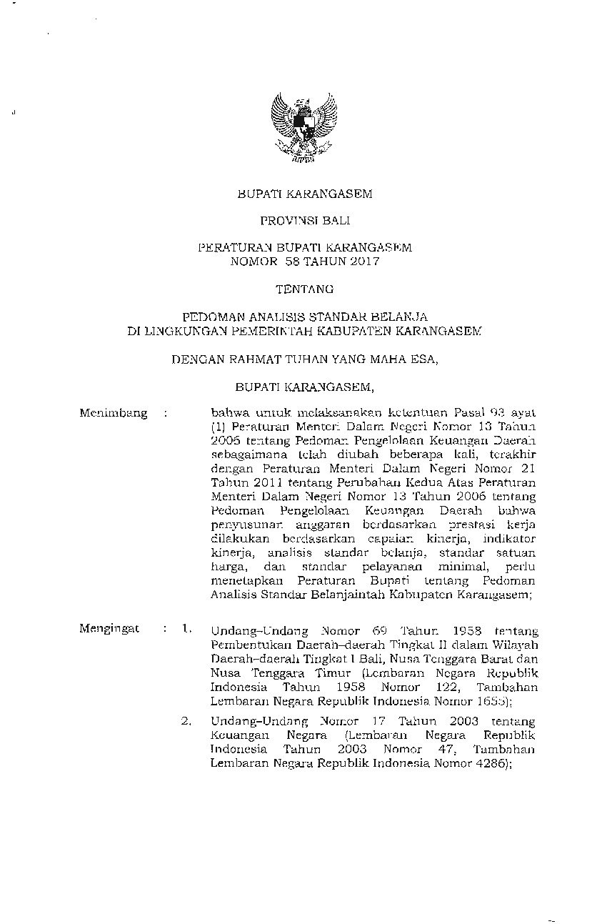 Peraturan Bupati Karangasem No 58 tahun 2017 tentang Pedoman Analisis Standar Belanja di Lingkungan Pemerintah Kabupaten Karangasem