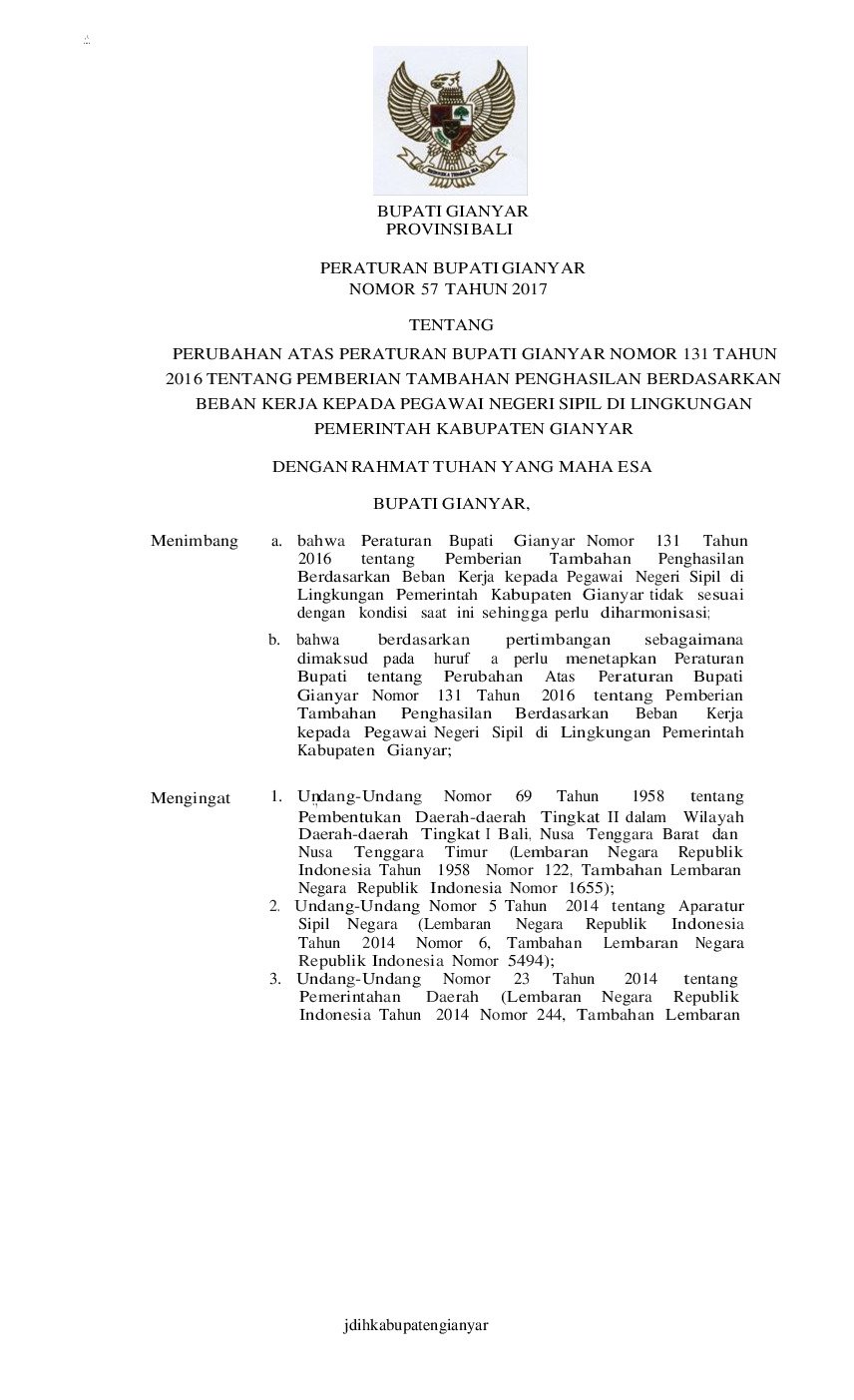 Peraturan Bupati Gianyar No 57 tahun 2017 tentang Perubahan Atas Peraturan Bupati Gianyar Nomor 131 Tahun 2016 tentang Pemberian Tambahan Penghasilan Berdasarkan Beban Kerja kepada Pegawai Negeri Sipil di Lingkungan Pemerintah Kabupaten Gianyar