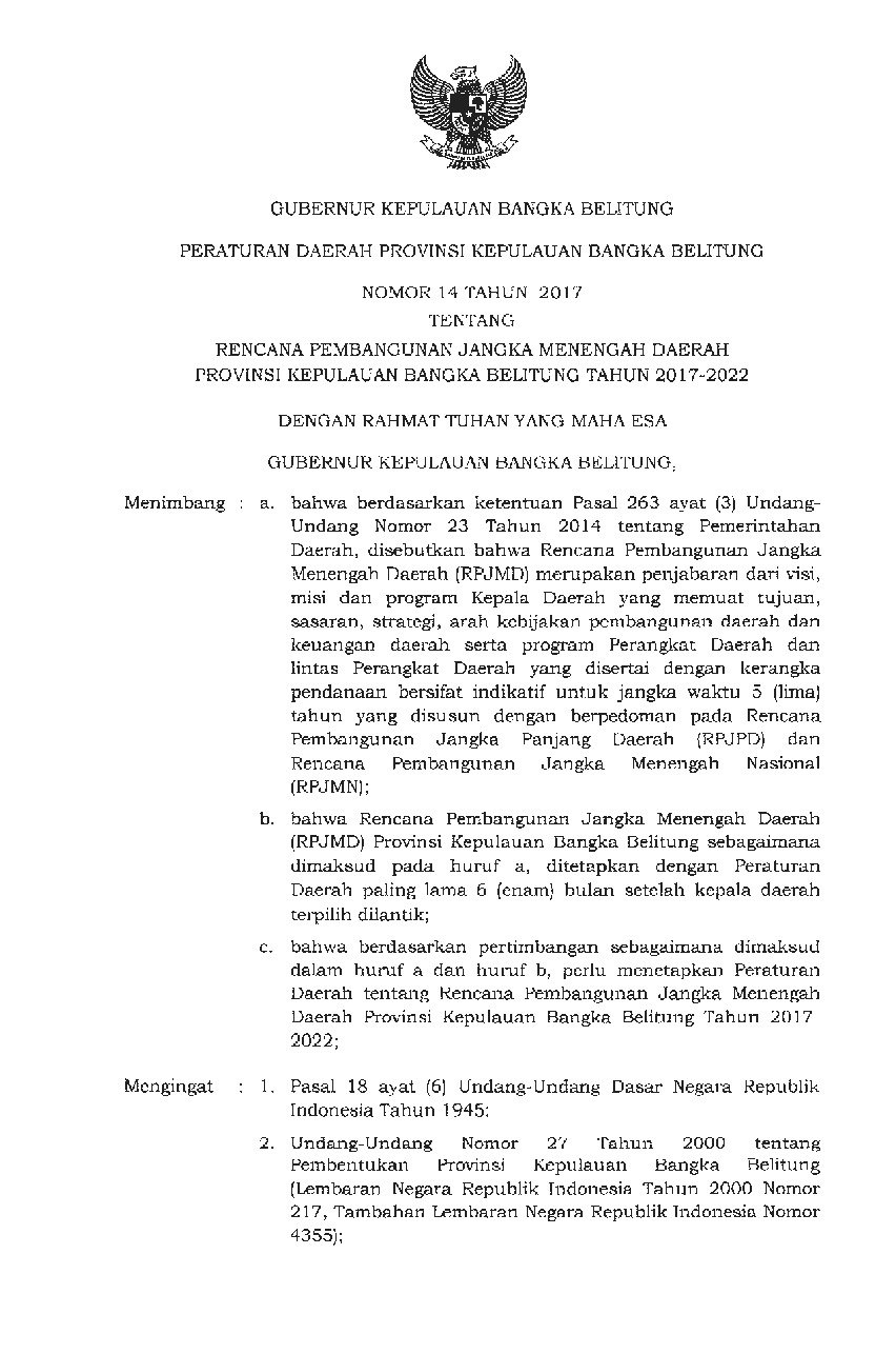 Peraturan Daerah Provinsi Bangka Belitung No 14 tahun 2017 tentang Rencana Pembangunan Jangka Menengah Daerah Provinsi Kepulauan Bangka Belitung Tahun 2017-2022