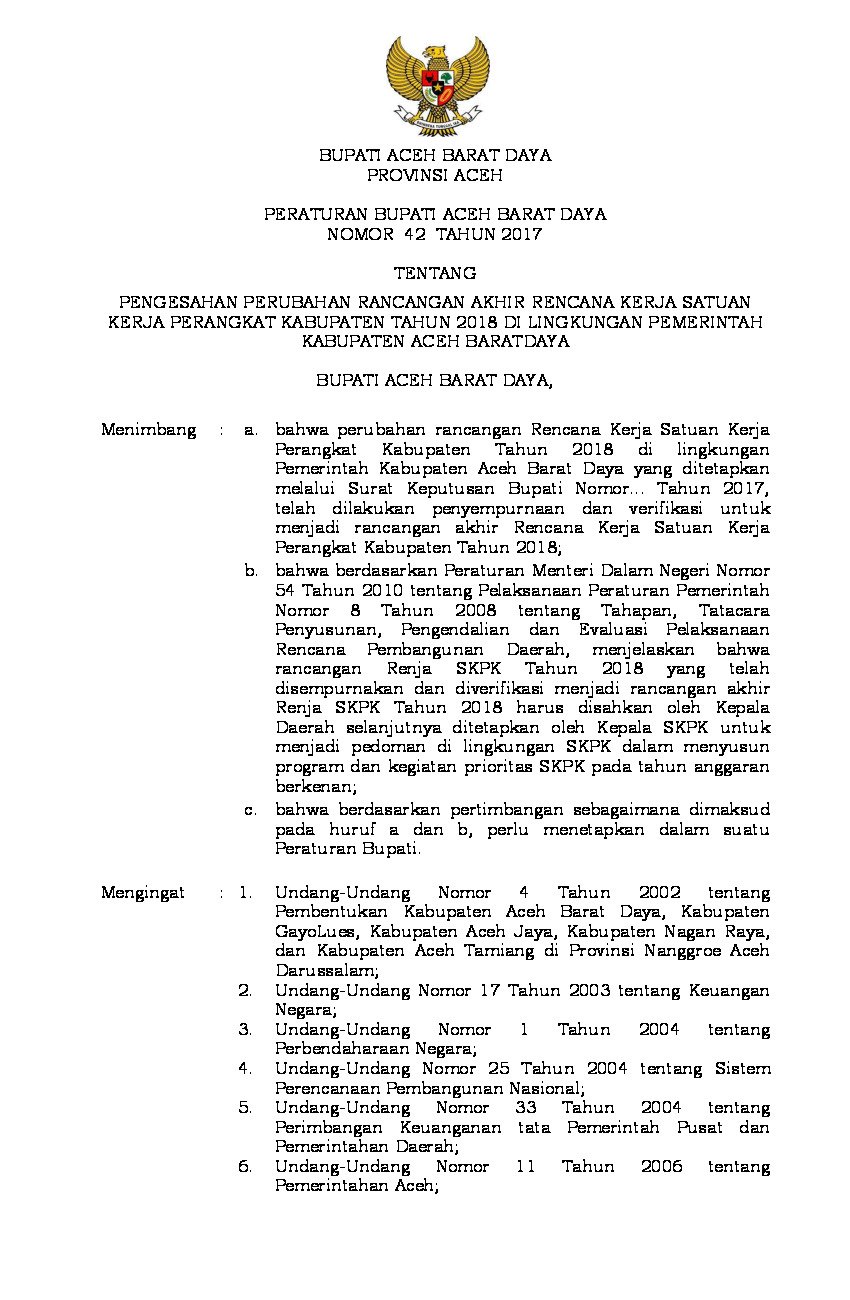 Peraturan Bupati Aceh Barat Daya No 42 Tahun 2017 Tentang Pengesahan ...