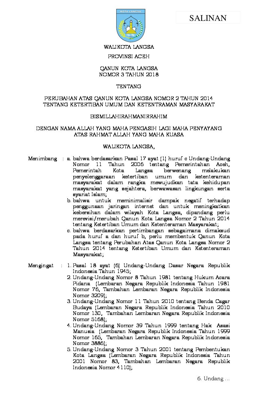 Qanun/Peraturan Daerah Kota Langsa No 3 tahun 2018 tentang Perubahan Atas Qanun Kota Langsa Nomor 2 Tahun 2014 tentang Ketertiban Umum dan Ketentraman Masyarakat