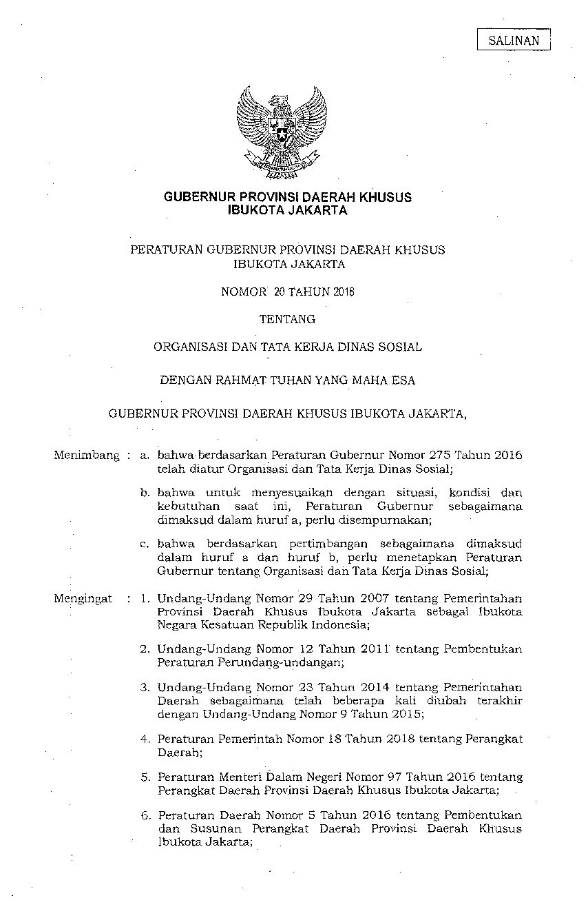 Peraturan Gubernur DKI Jakarta No 20 tahun 2018 tentang Organisasi dan Tata Kerja Dinas Sosial