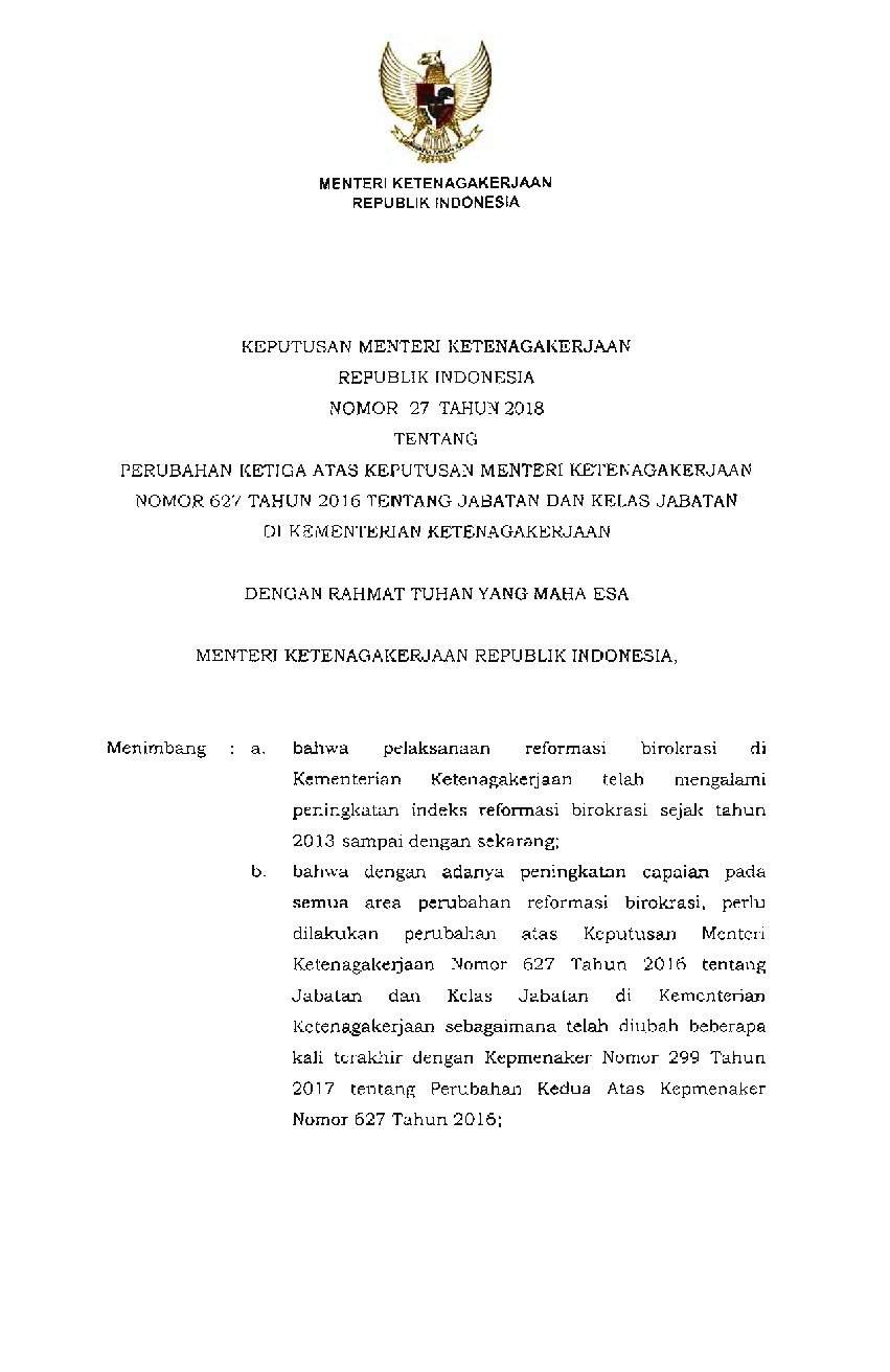 Keputusan Menteri Ketenagakerjaan No 27 Tahun 2018 Tentang Perubahan ...