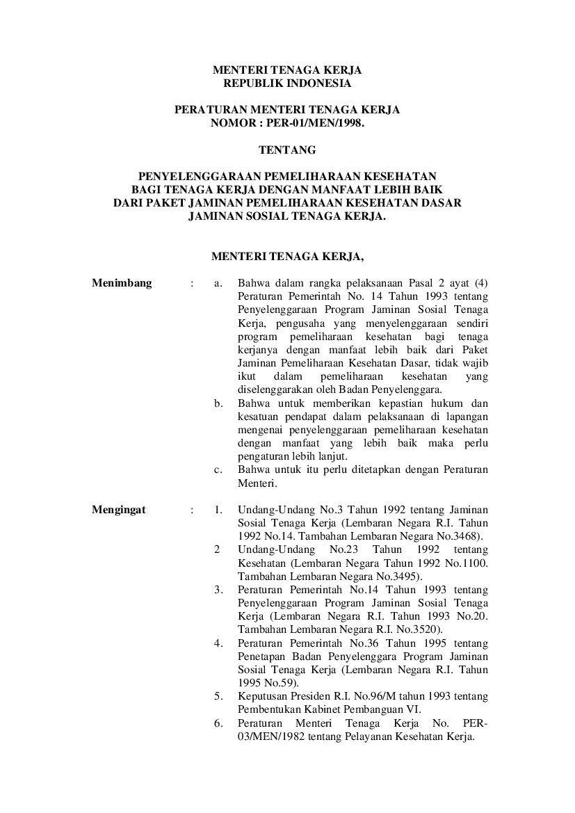 Peraturan Menteri Tenaga Kerja No PER-01/MEN/1998 Tahun 1998 Tentang ...