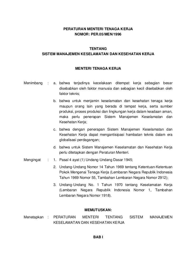 Peraturan Menteri Tenaga Kerja No PER.05/MEN/1996 tahun 1996 tentang Sistem Manajemen Keselamatan Dan Kesehatan Kerja