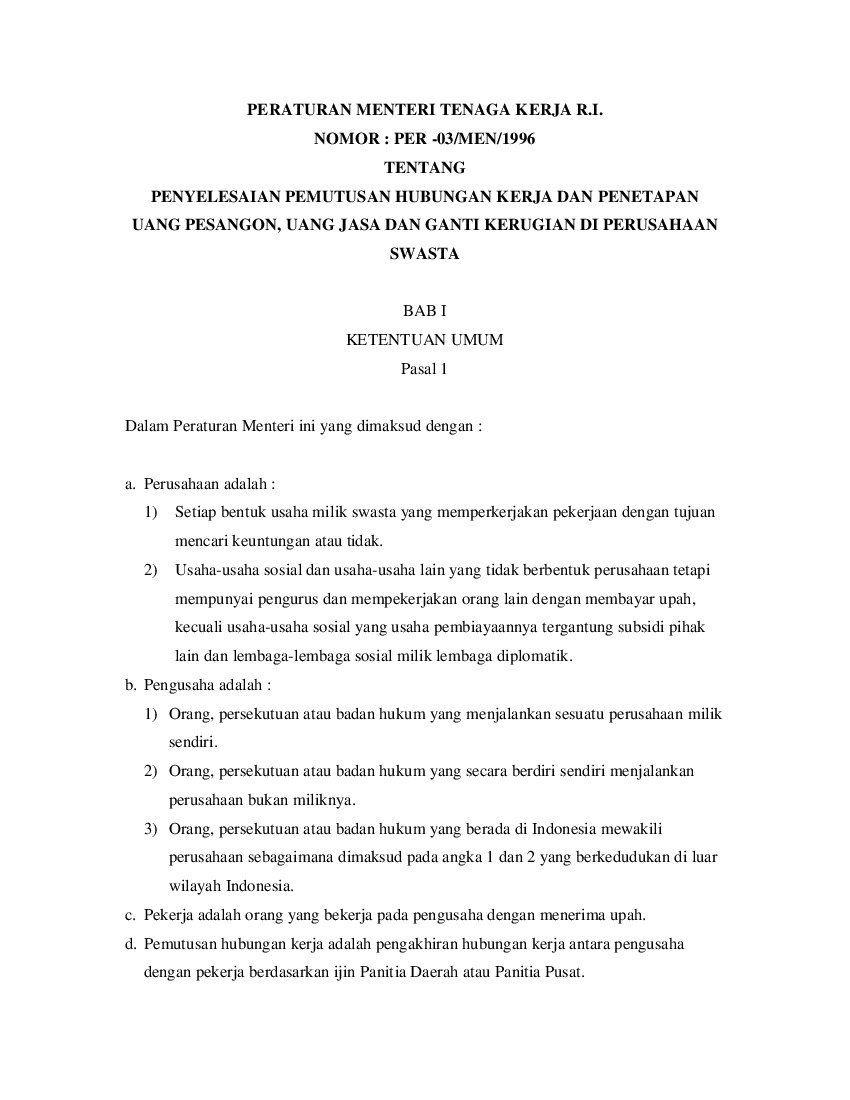 Peraturan Menteri Tenaga Kerja No PER-03/MEN/1996 Tahun 1996 Tentang ...