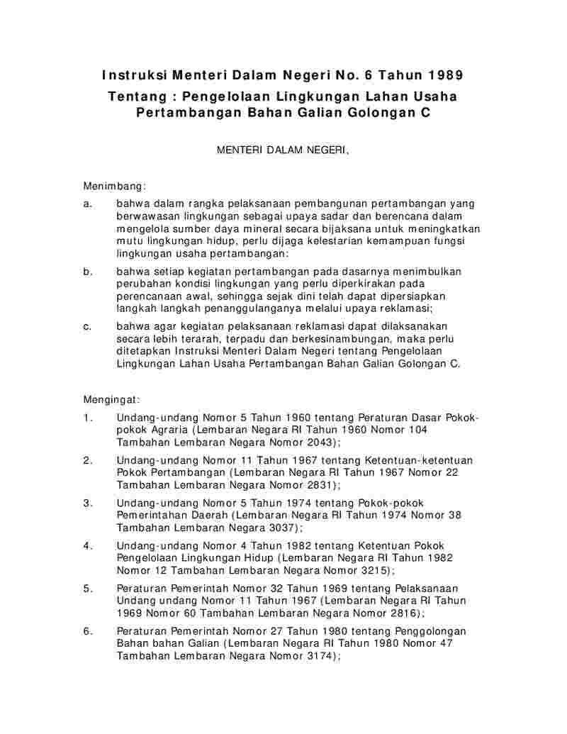 Instruksi Menteri Dalam Negeri No 6 tahun 1989 tentang Pengelolaan Lingkungan Lahan Usaha Pertambangan Bahan Galian Golongan C