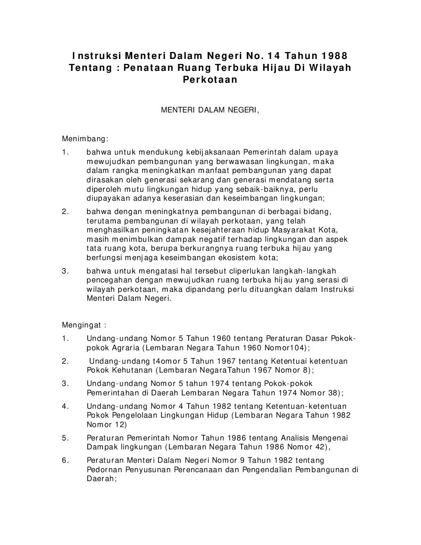 Instruksi Menteri Dalam Negeri No 14 tahun 1988 tentang Penataan Ruang Terbuka Hijau Di Wilayah Perkotaan