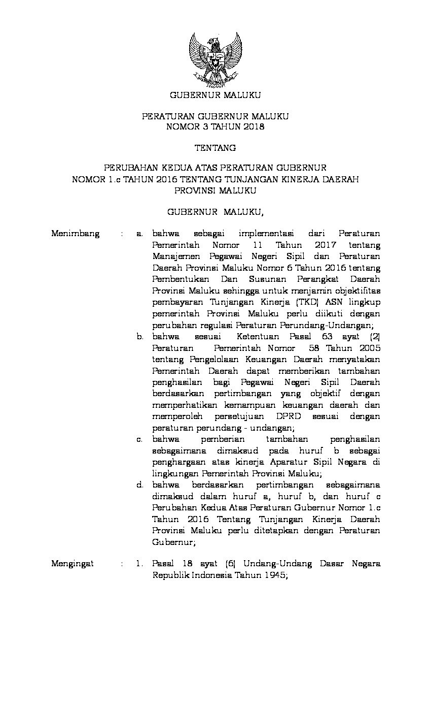 Peraturan Gubernur Maluku No 3 tahun 2018 tentang Perubahan Kedua atas Peraturan Gubernur Nomor 1.C Tahun 2016 tentang Tunjangan Kinerja Daerah Provinsi Maluku