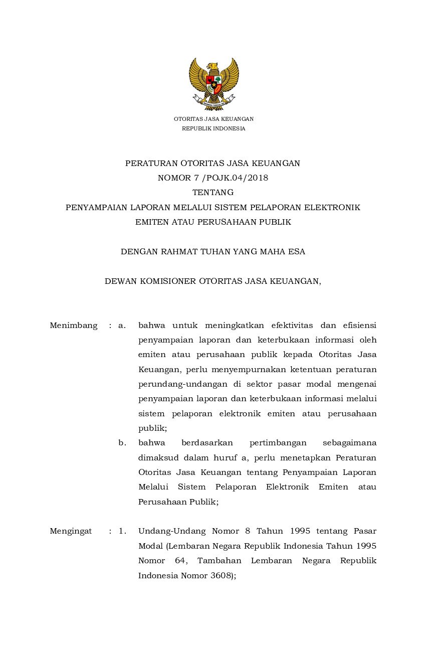 Peraturan Otoritas Jasa Keuangan No 7/POJK.04/2018 tahun 2018 tentang Penyampaian Laporan Melalui Sistem Pelaporan Elektronik Emiten atau Perusahaan Publik