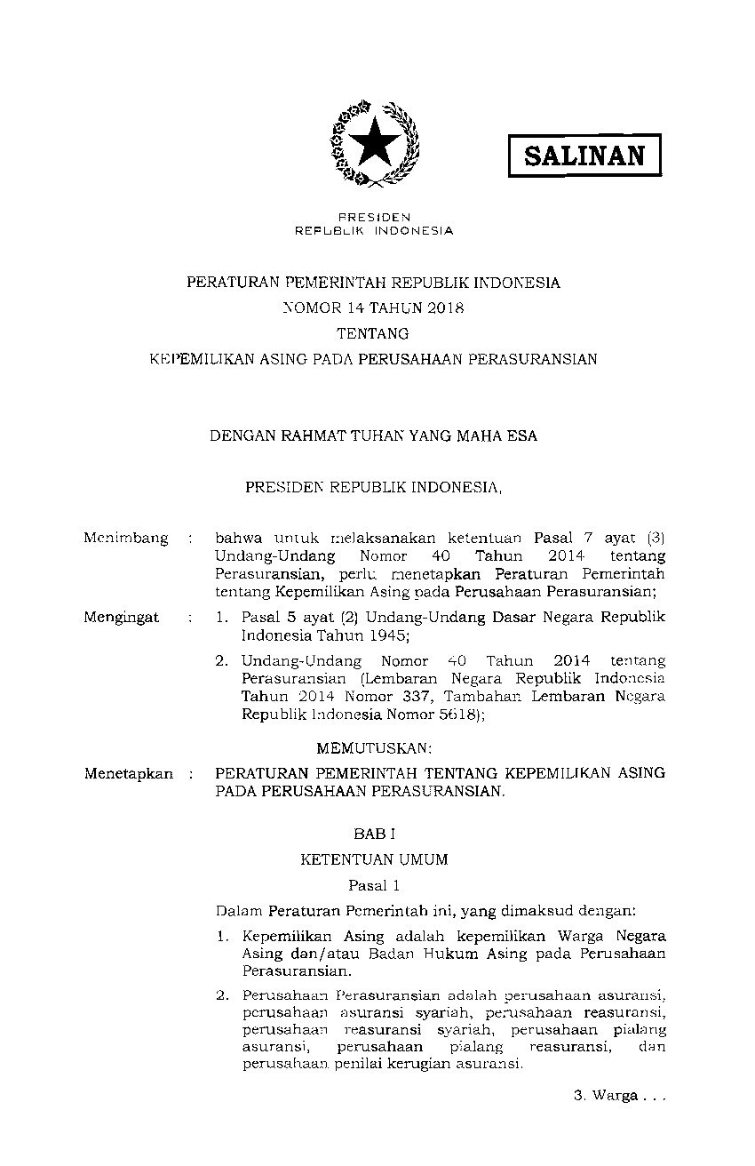 Peraturan Pemerintah No 14 tahun 2018 tentang Kepemilikan Asing pada Perusahaan Perasuransian