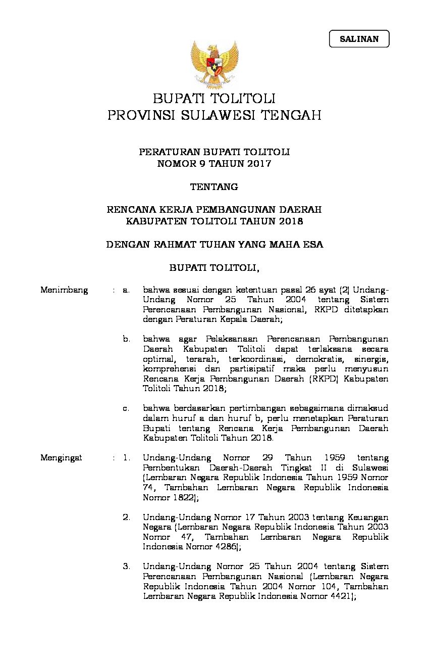 Peraturan Bupati Toli-Toli No 9 tahun 2017 tentang Rencana Kerja Pembangunan Daerah Kabupaten Tolitoli Tahun 2018