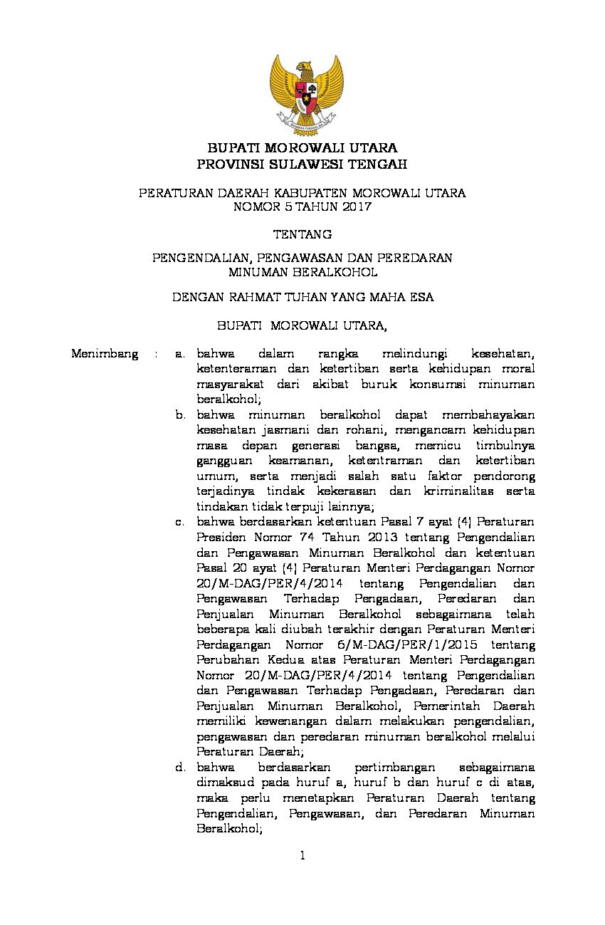 Peraturan Daerah Kabupaten Morowali Utara No 5 tahun 2017 tentang Pengendalian, Pengawasan dan Peredaran Minuman Beralkohol