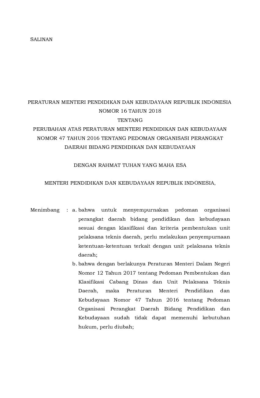 Peraturan Menteri Pendidikan Dan Kebudayaan No 16 Tahun 2018 Tentang ...