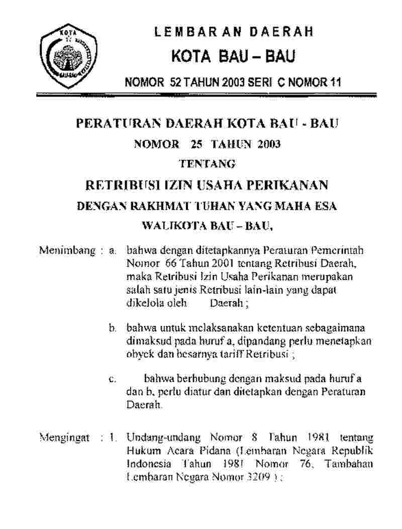 Peraturan Daerah Kota Baubau No 25 tahun 2003 tentang Retribusi Izin Usaha Perikanan