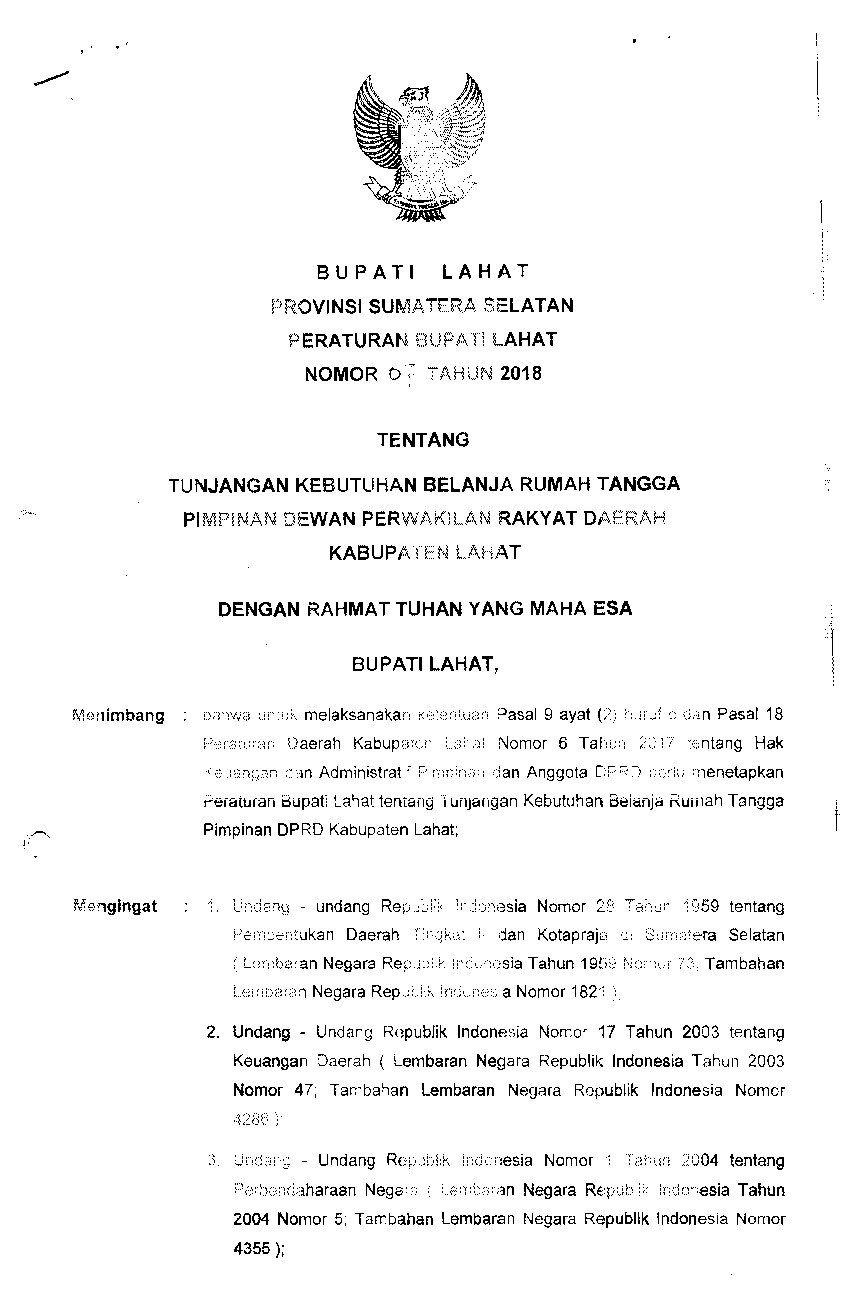 Peraturan Bupati Lahat No 7 tahun 2018 tentang Tunjangan Kebutuhan Belanja Rumah Tangga Pimpinan Dewan Perwakilan Rakyat Daerah Kabupaten Lahat