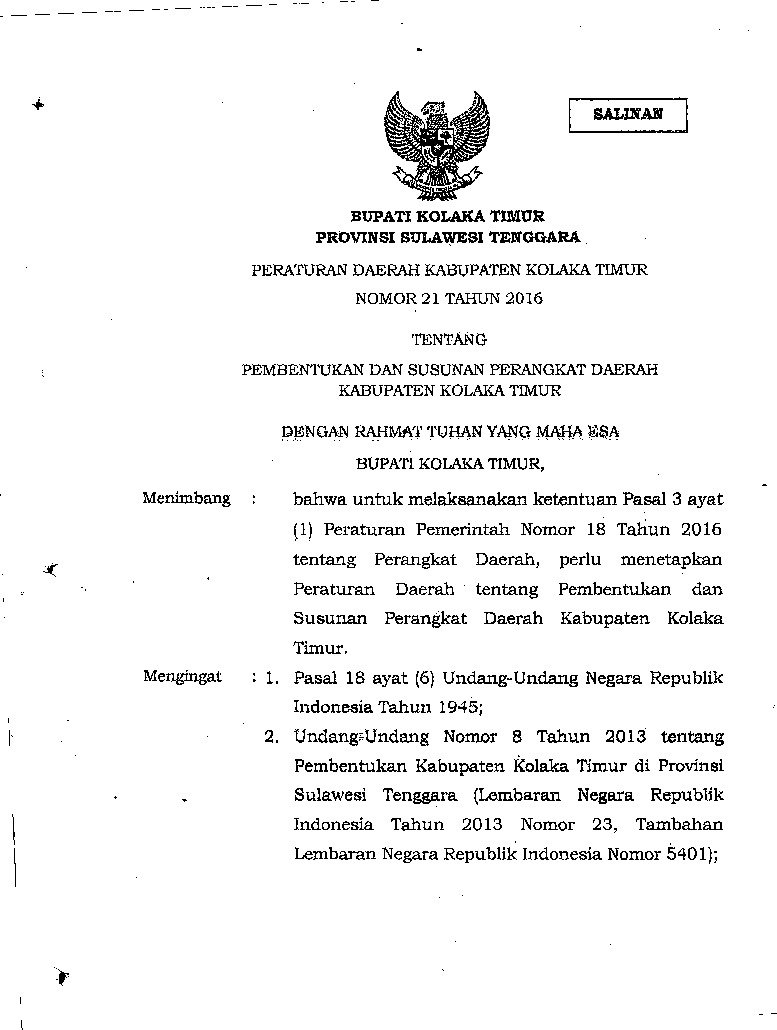 Peraturan Daerah Kabupaten Kolaka Timur No 21 tahun 2016 tentang Pembentukan dan Susunan Perangkat Daerah Kabupaten Kolaka Timur