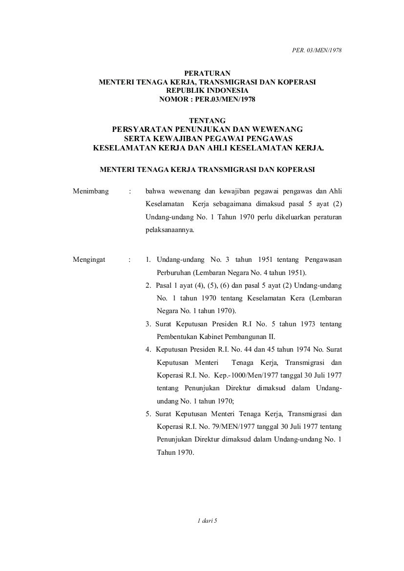 Peraturan Menteri Tenaga Kerja Dan Transmigrasi No PER.03/MEN/1978 ...