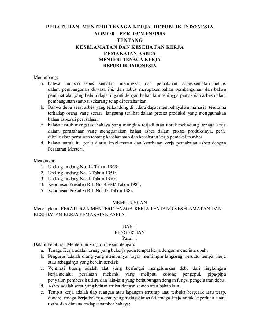 Peraturan Menteri Tenaga Kerja No PER.03/MEN/1985 Tahun 1985 Tentang Keselamatan Dan Kesehatan ...