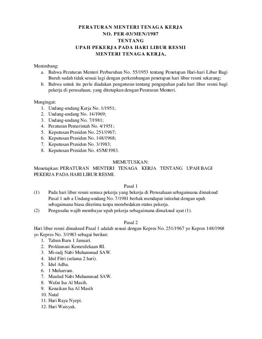Peraturan Menteri Tenaga Kerja No PER-03/MEN/1987 Tahun 1987 Tentang ...