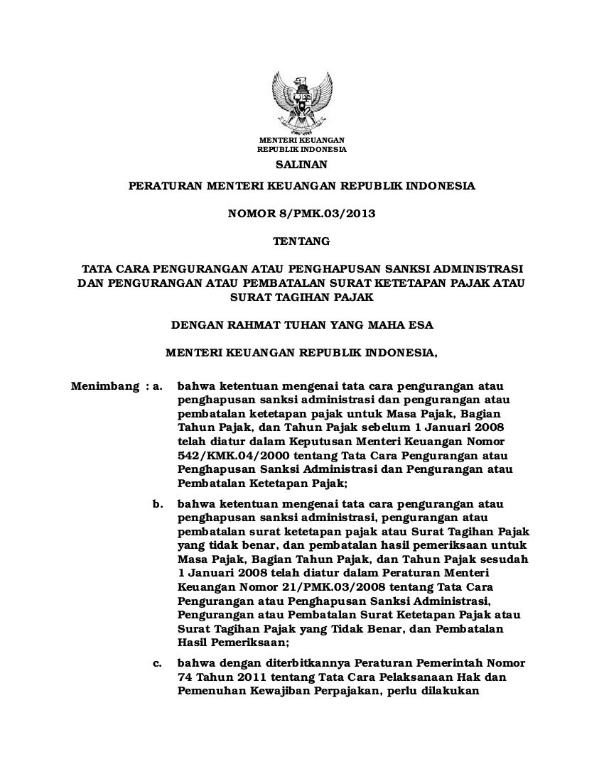 Peraturan Menteri Keuangan No 8/PMK.03/2013 Tahun 2013 Tentang Tata ...