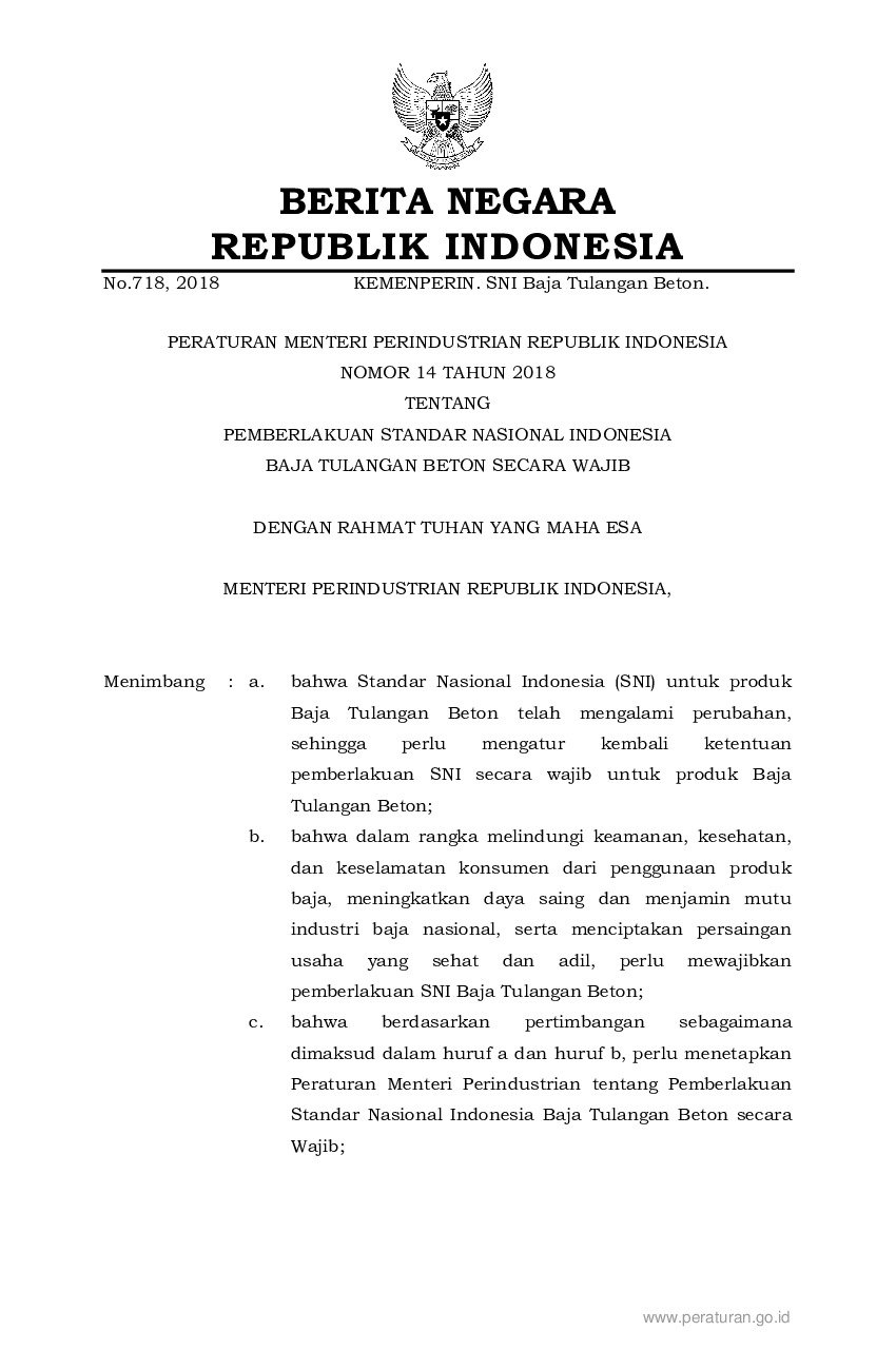 Peraturan Menteri Perindustrian No 14 Tahun 2018 Tentang Pemberlakuan ...