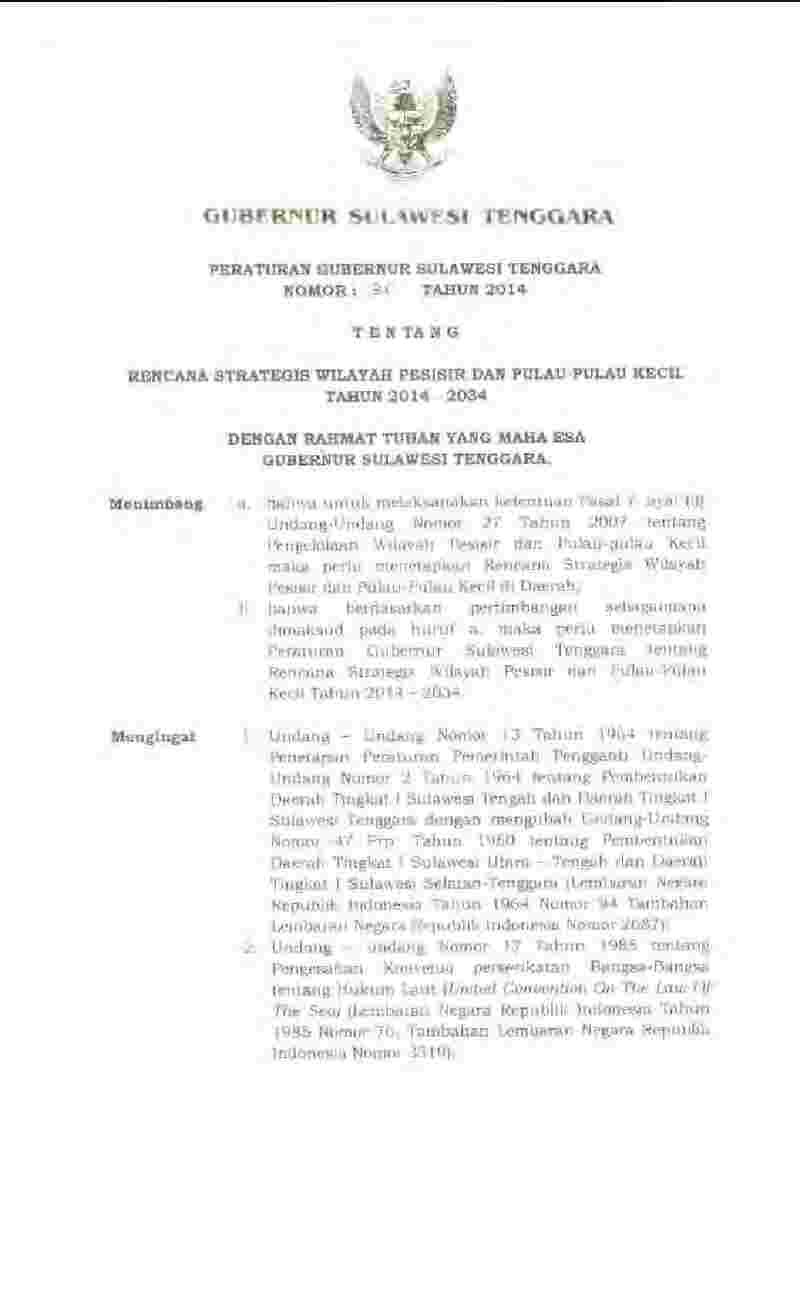 Peraturan Gubernur Sulawesi Tenggara No 25 tahun 2014 tentang Rencana Strategis Wilayah Pesisir dan Pulau-pulau Kecil Tahun 2014 - 2034