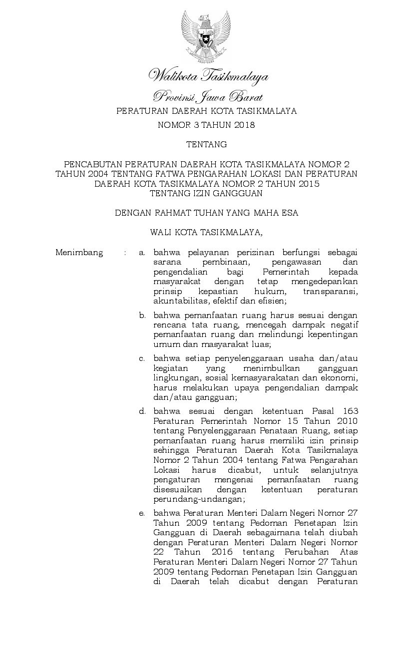 Peraturan Daerah Kota Tasikmalaya No 3 tahun 2018 tentang Pencabutan Peraturan Daerah Kota Tasikmalaya Nomor 2 Tahun 2004 tentang Fatwa Pengarahan Lokasi dan Peraturan Daerah Kota Tasikmalaya Nomor 2 Tahun 2015 tentang Izin Gangguan