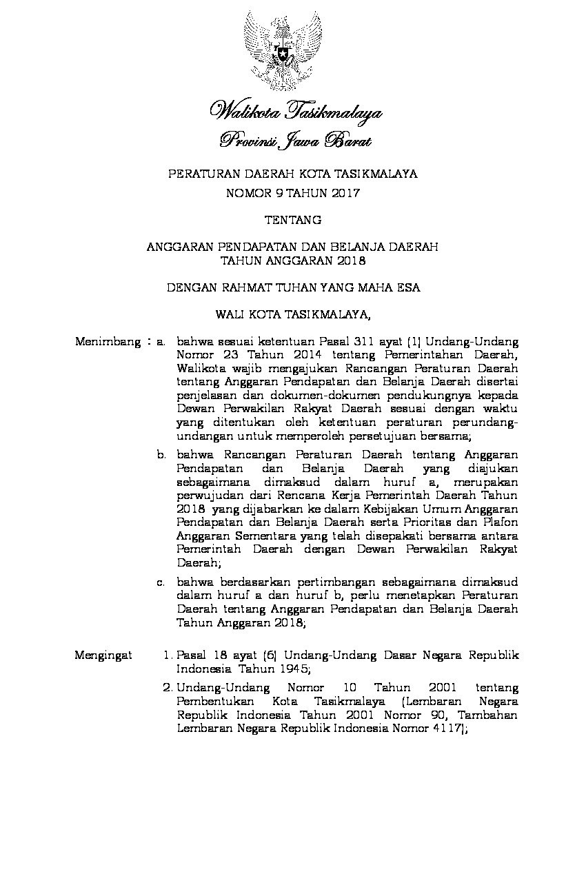 Peraturan Daerah Kota Tasikmalaya No 9 tahun 2017 tentang Anggaran Pendapatan dan Belanja Daerah Tahun Anggaran 2018